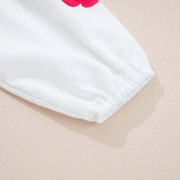 White Casual Women's Floral Embroidery Puff Sleeve Button-Up Shirt - Picture 7 of 8